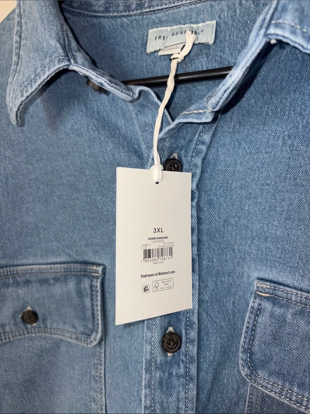Free Assembly Men's Heavyweight Denim Overshirt with Long Sleeves, Sizes 3XL